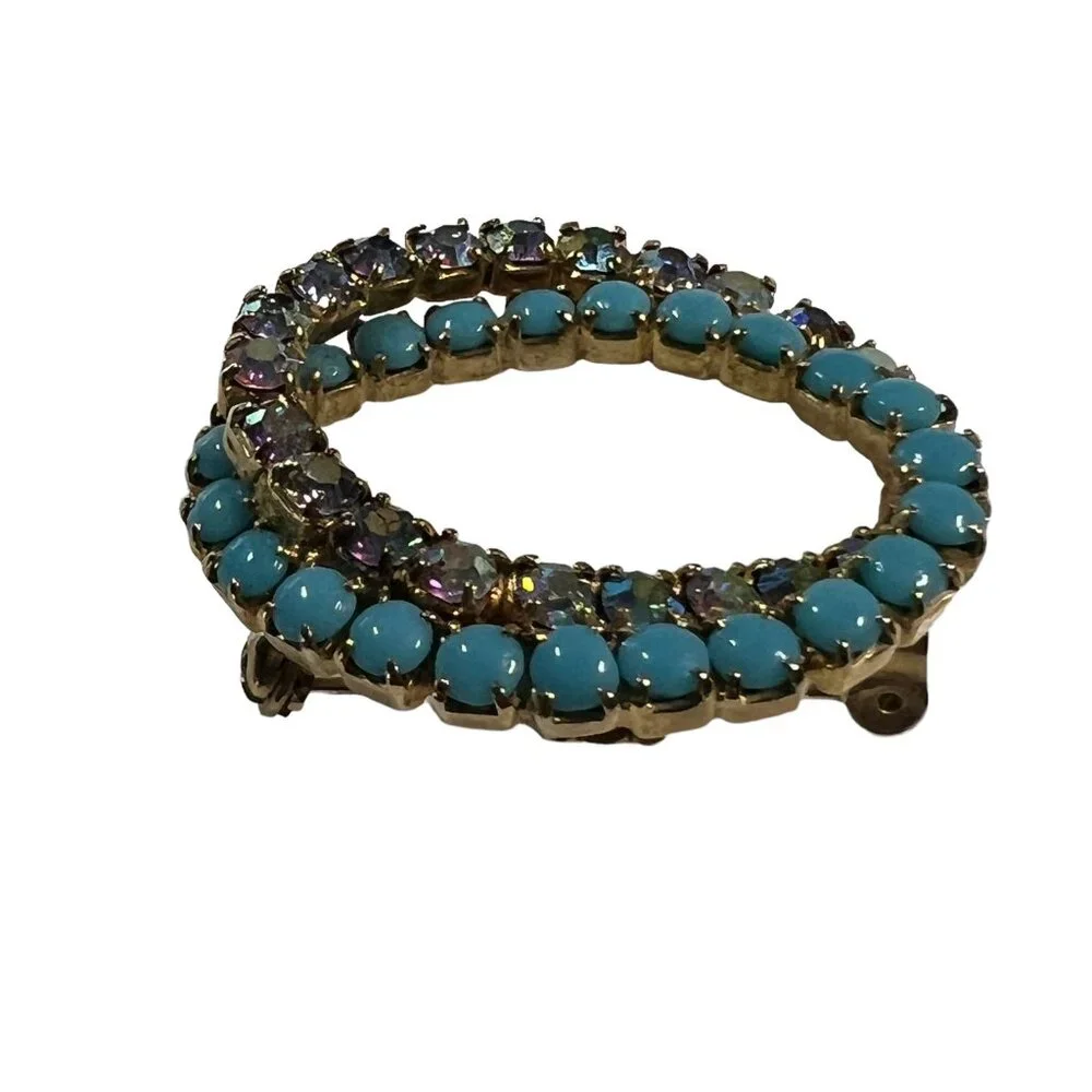 Vintage Brooch Gold‎ Tone Intertwined Circles Faux Turquoise Aurora Borealis Pin